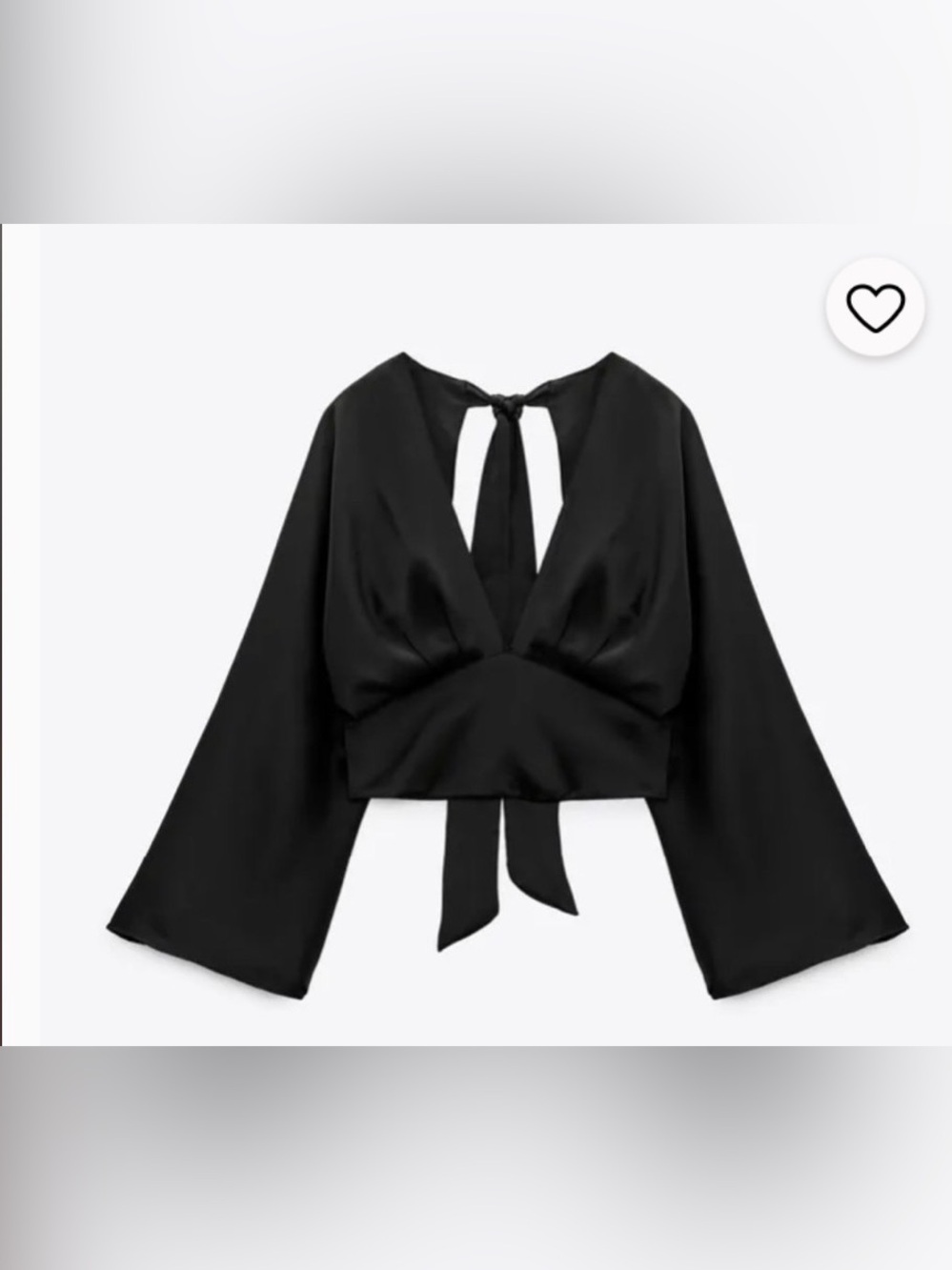 Zara Satin Black V-Neck Tie-Back Cropped Blouse, XS, EUC